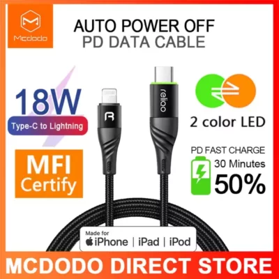 ⁦كابل ليد RELIQO غلق اوتوماتيك للشحن السريع معتمد MFI نوع Type-C - Lightning طول 1.2 متر (أسود)⁩ - الصورة ⁦2⁩