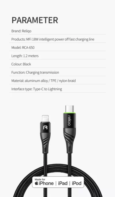 ⁦كابل ليد RELIQO غلق اوتوماتيك للشحن السريع معتمد MFI نوع Type-C - Lightning طول 1.2 متر (أسود)⁩ - الصورة ⁦4⁩
