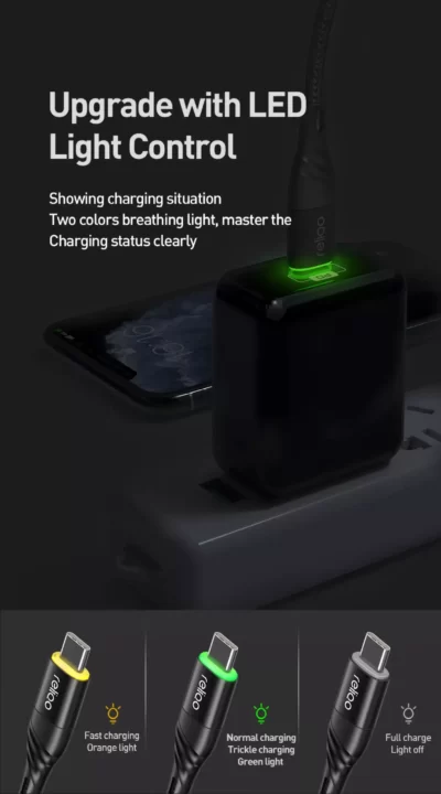 ⁦كابل ليد RELIQO غلق اوتوماتيك للشحن السريع معتمد MFI نوع Type-C - Lightning طول 1.2 متر (أسود)⁩ - الصورة ⁦5⁩