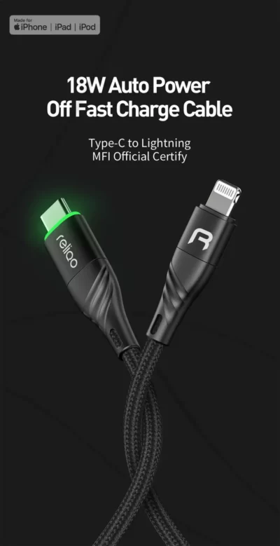 ⁦كابل ليد RELIQO غلق اوتوماتيك للشحن السريع معتمد MFI نوع Type-C - Lightning طول 1.2 متر (أسود)⁩ - الصورة ⁦3⁩